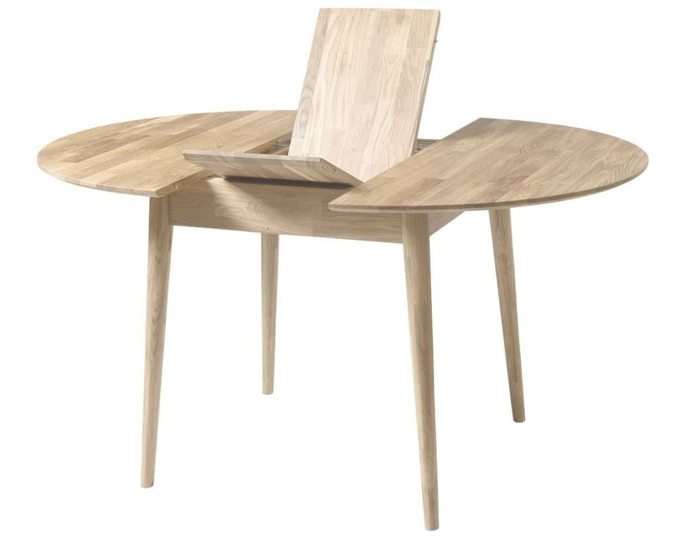 Table à manger ronde extensible 110 à 145 cm en chêne massif blanchi Kundy - Photo n°1