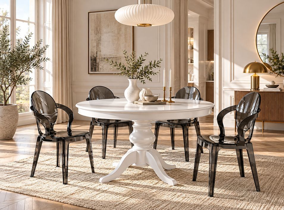 Table à manger ronde extensible VERZA Ø 120 à 160 cm – Bois massif et laqué blanc – Haut de gamme - Photo n°1