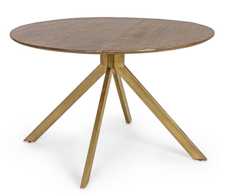 Table à manger ronde KAMY Ø120 - Bois de manguier marron & pieds acier laiton - 6 places - Photo n°1