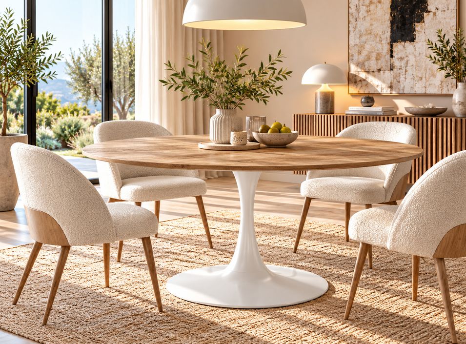Table à manger ronde KULIPA Ø100 cm – Acier blanc & bois naturel – 4 places - Photo n°1