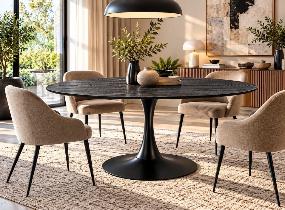 Table à manger ronde KULIPA Ø120 cm – Acier & bois noir avec veinure – 5 places - Photo n°1