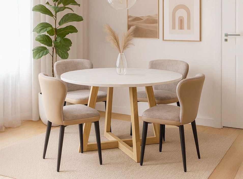 Table à manger ronde OSAKA Ø140 cm – Blanc microciment & bois de manguier - Photo n°1