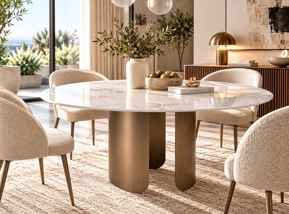 Table à manger ronde porcelaine blanche et acier marron KERPA 150 cm - Photo n°1