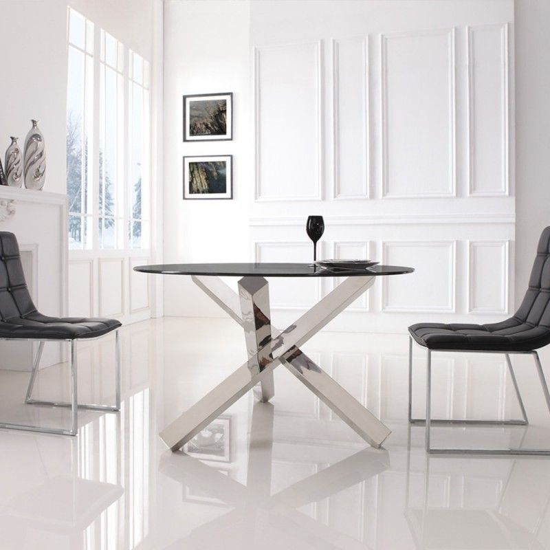 Table à manger ronde verre trempé transparent et acier inoxydable Liza - Photo n°1