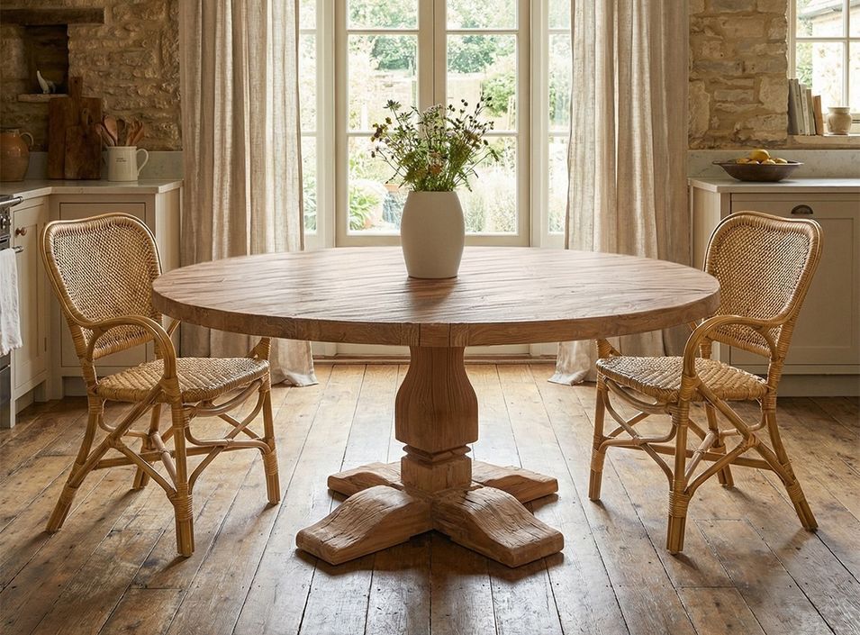 Table à manger ronde VIKALE Ø160 cm – Bois massif de teck recyclé naturel – Fabrication artisanale - Photo n°1