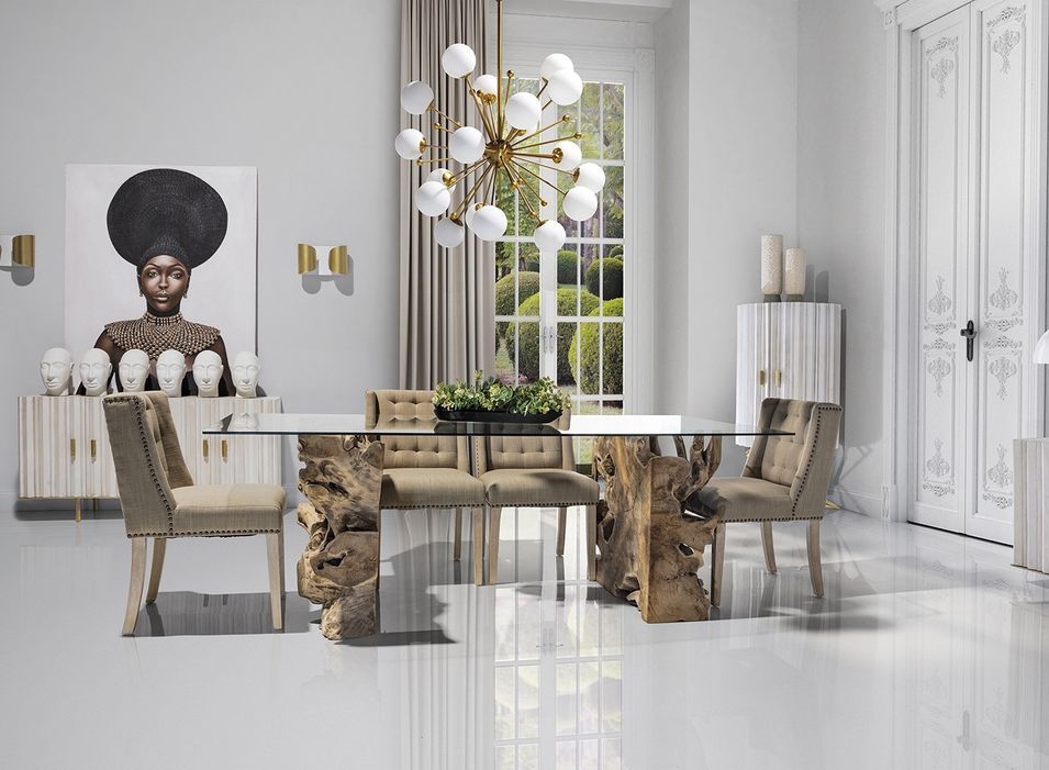 Table à manger teck massif clair et plateau verre Newti - Photo n°1