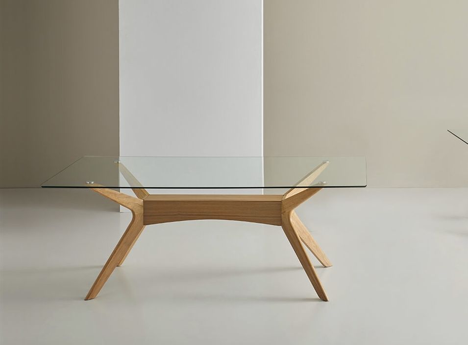 Table à manger verre trempé et bois d'hévéa finition chêne Noky - Photo n°1