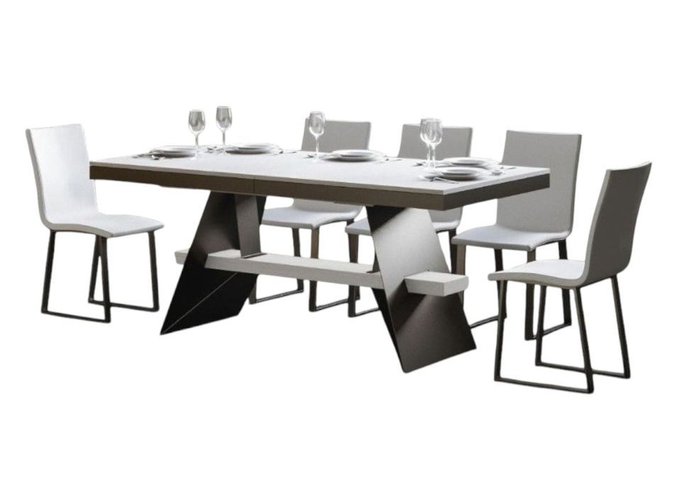 Table à rallonges bois blanc avec un cadre et des pieds acier gris foncé 8 à 14 places 180 à 284 cm Borys - Photo n°1