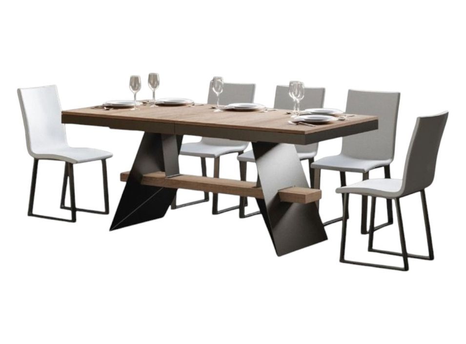 Table à rallonges bois clair et pieds métal gris 6 à 12 places L 160 à 264 cm Bary - Photo n°1
