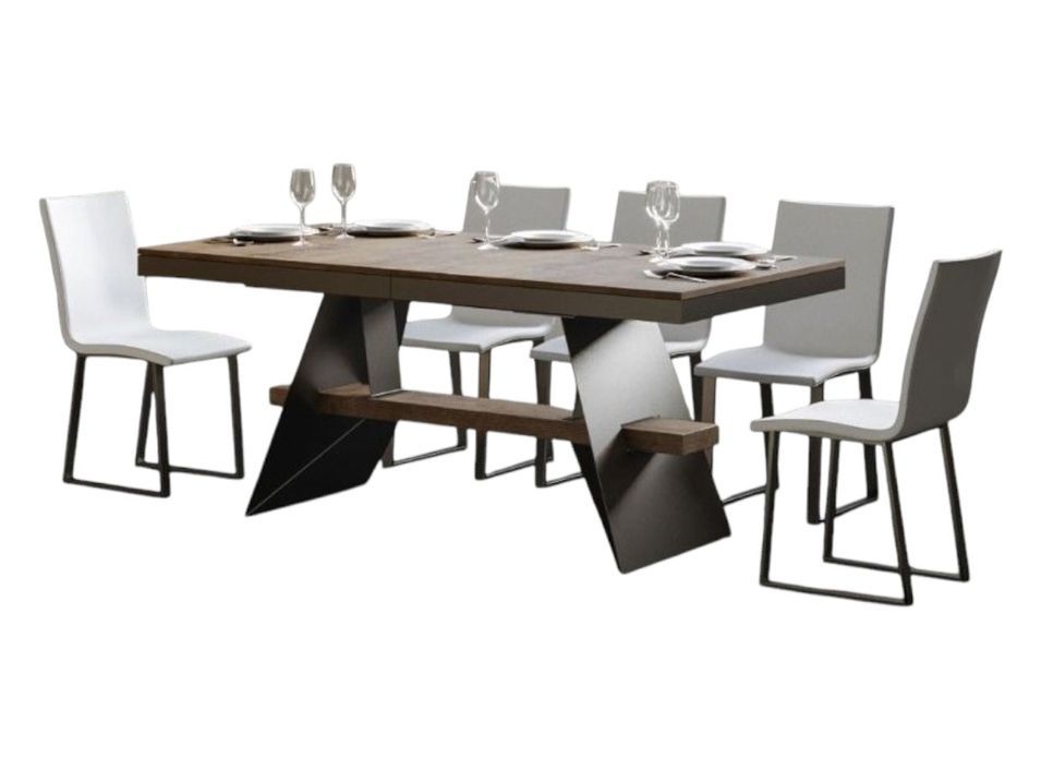 Table à rallonges bois foncé et pieds métal gris 6 à 12 places L 160 à 264 cm Bary - Photo n°1