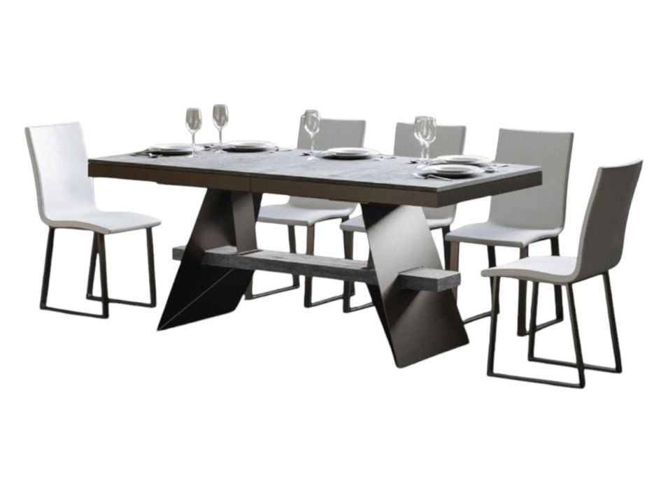 Table à rallonges bois gris effet béton avec un cadre et des pieds acier gris foncé 8 à 14 places L 180 à 284 cm Borys - Photo n°1
