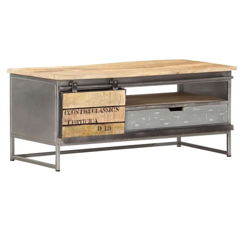 Table basse 1 porte manguier massif clair et métal gris Behav - Photo n°1