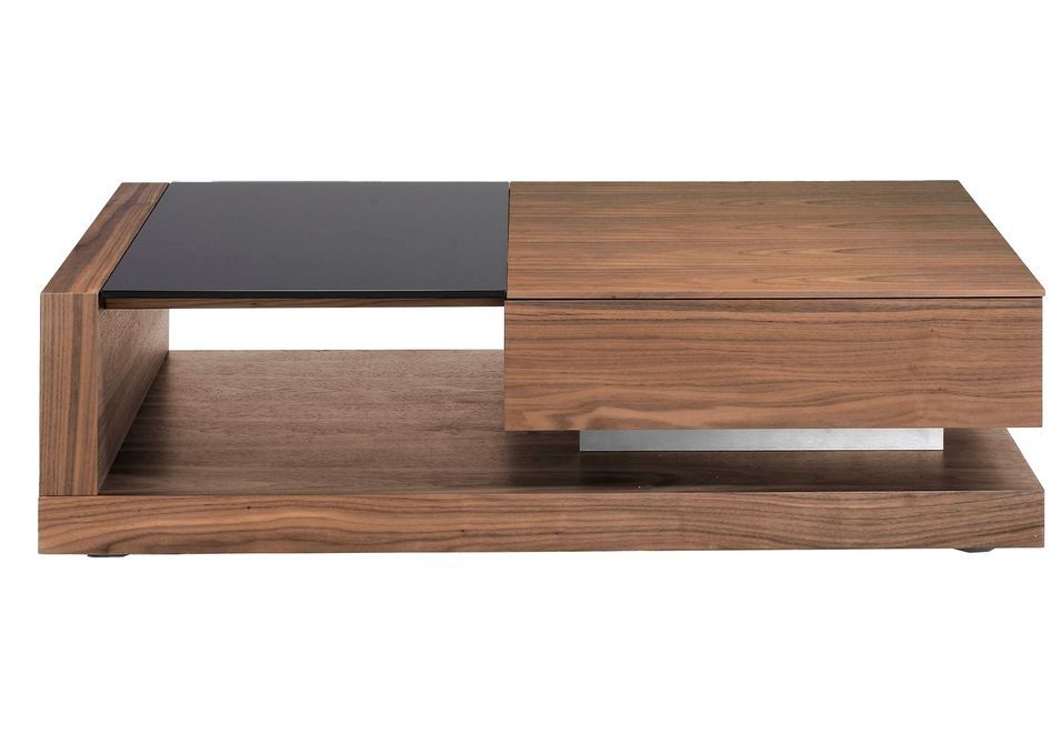 Table basse 1 tiroirs Lizay 130 cm - Noyer et verre trempé noir - Photo n°1