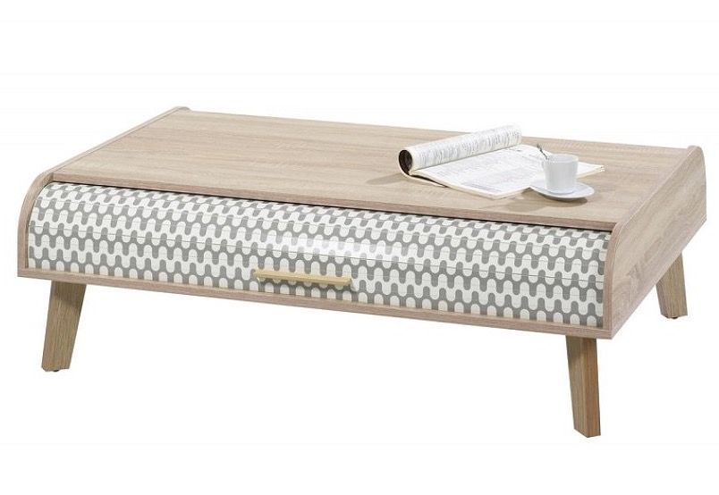 Table basse 2 rideaux chênes clair et imprimé vagues grises Happy 114 cm - Photo n°1