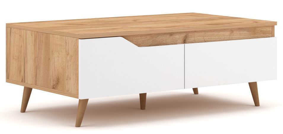 Table basse 2 tiroirs 1 niche bois naturel et blanc mat Dulce 100 cm - Photo n°1