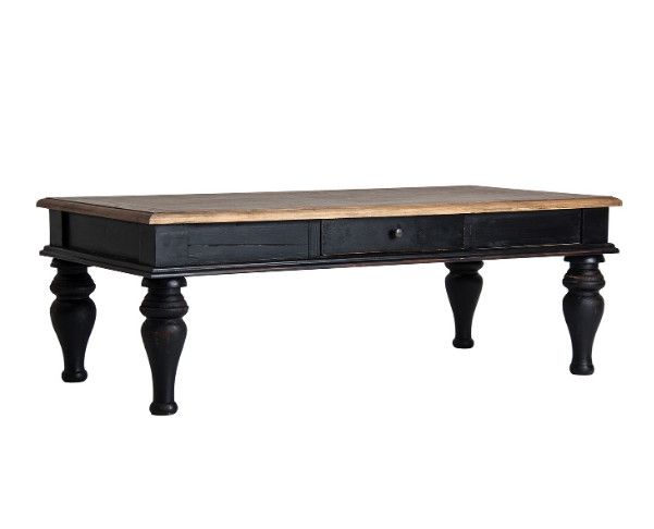 Table basse 2 tiroirs pin massif recyclé noir et clair Lo - Photo n°1