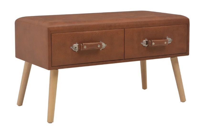 Table basse 2 tiroirs simili cuir marron et pieds pinède clair First - Photo n°1