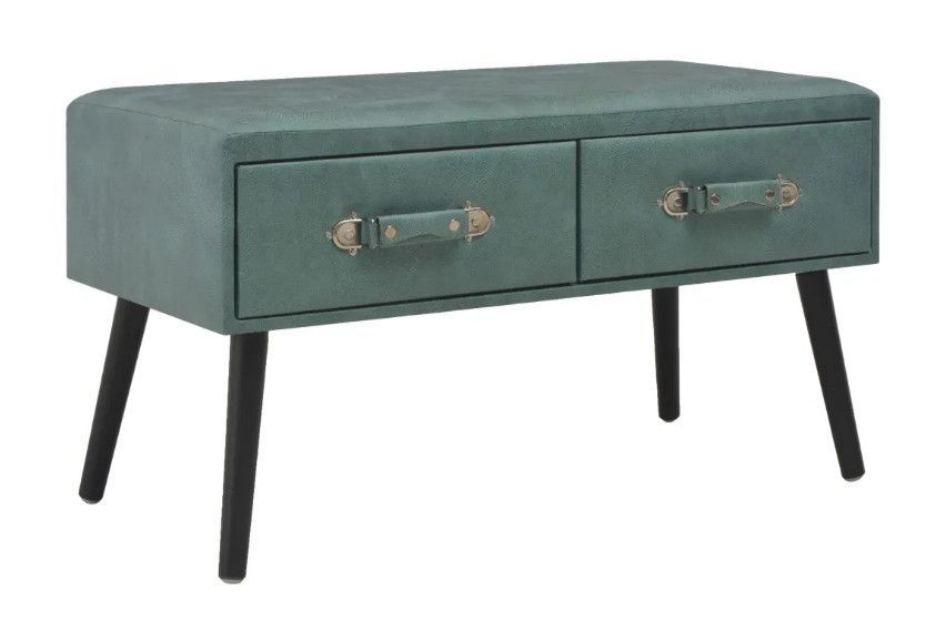 Table basse 2 tiroirs simili cuir vert et pieds pinède noir First - Photo n°1