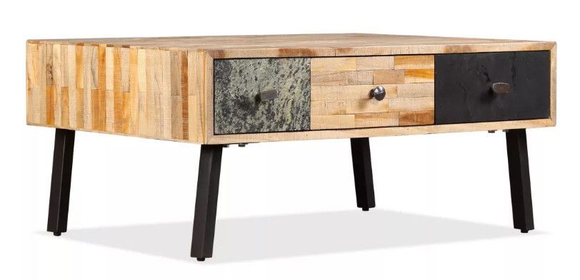 Table basse 3 tiroirs teck recyclé et pieds métal noir Voust - Photo n°1