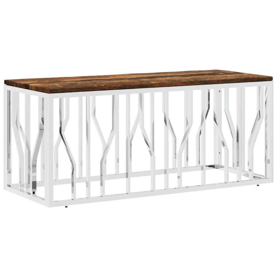 Table basse acier inoxydable et bois massif de récupération - Photo n°1