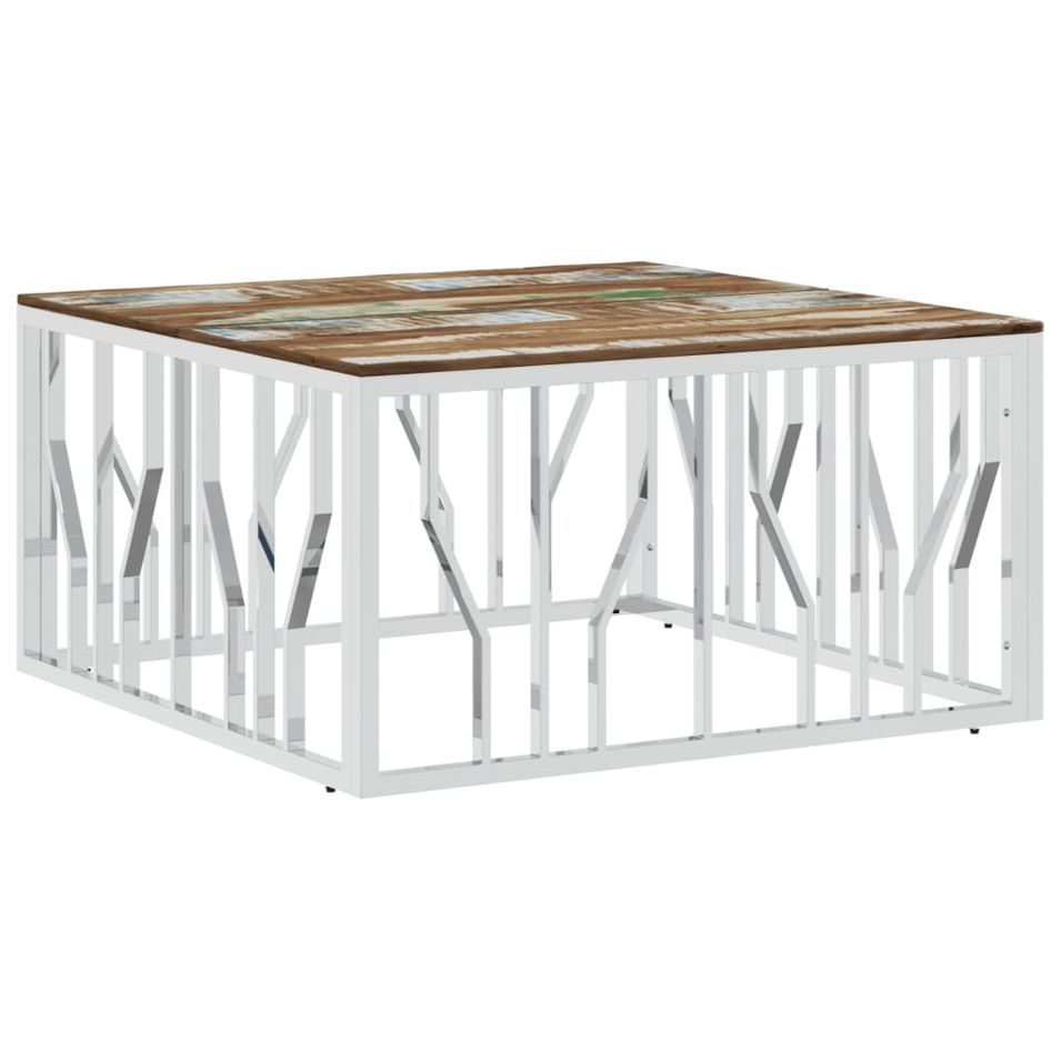 Table basse argenté acier inoxydable/bois massif récupération - Photo n°1