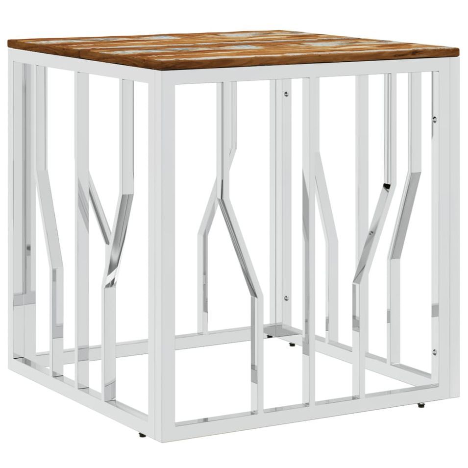 Table basse argenté acier inoxydable/bois massif récupération - Photo n°1