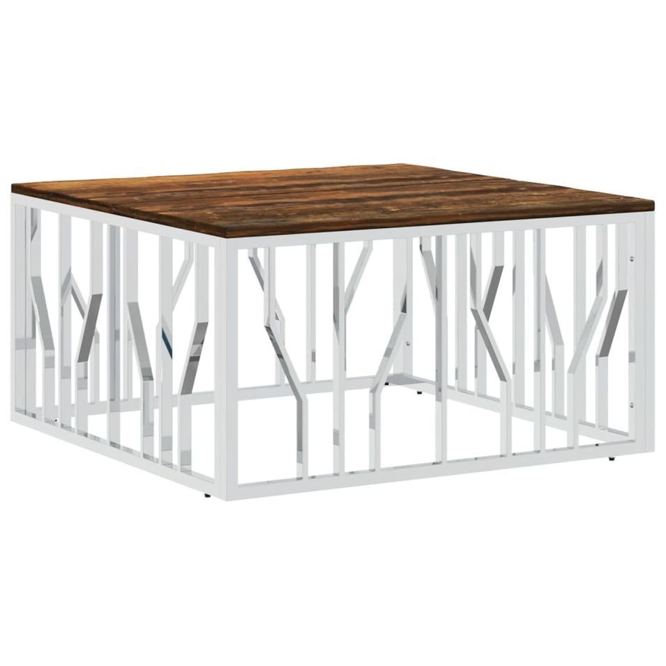 Table basse argenté acier inoxydable/bois massif récupération - Photo n°1