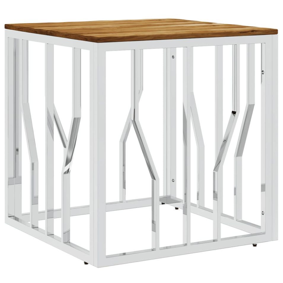 Table basse argenté acier inoxydable et bois massif d'acacia - Photo n°1