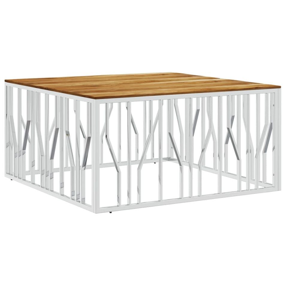 Table basse argenté acier inoxydable et bois massif d'acacia - Photo n°1