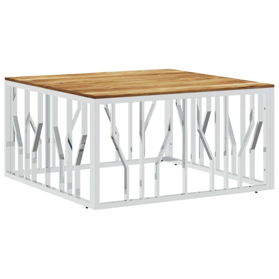 Table basse argenté acier inoxydable et bois massif d'acacia - Photo n°1