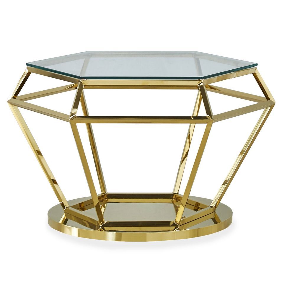 Table basse hexagonale verre transparent et pied doré - Photo n°1
