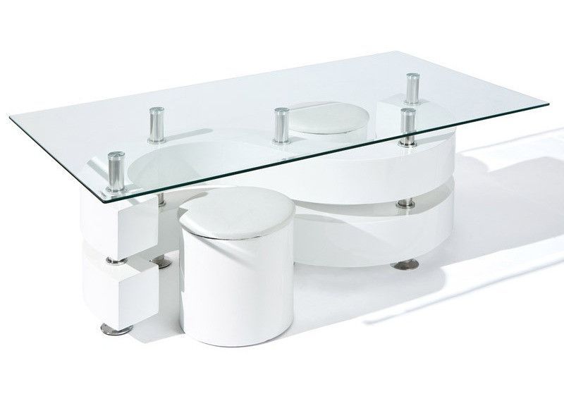 Table basse avec 2 poufs verre et pied laqué blanc Sarah 130 cm - Photo n°1