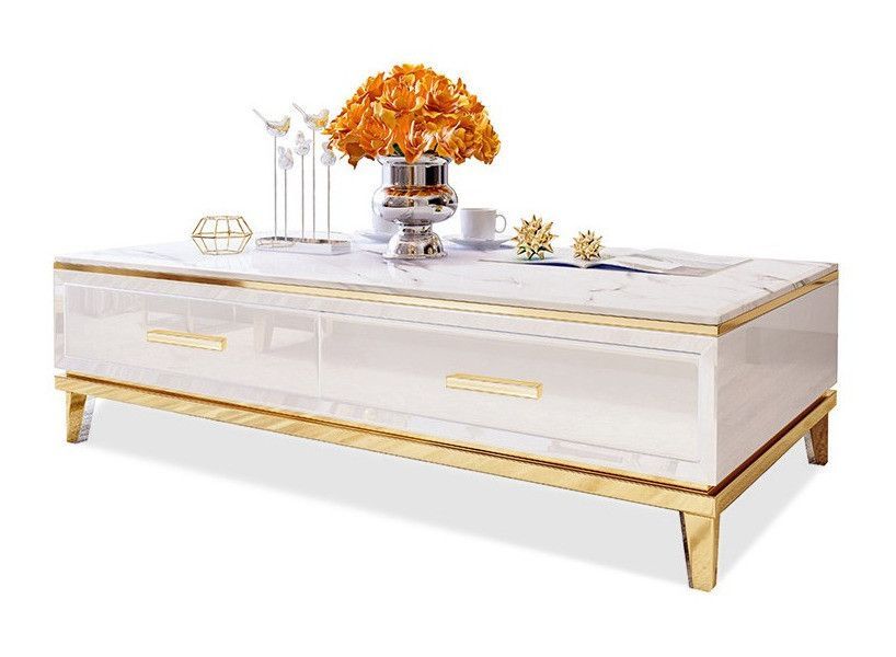 Table basse bois effet marbre blanc et métal doré Nirag 130 cm - Photo n°1