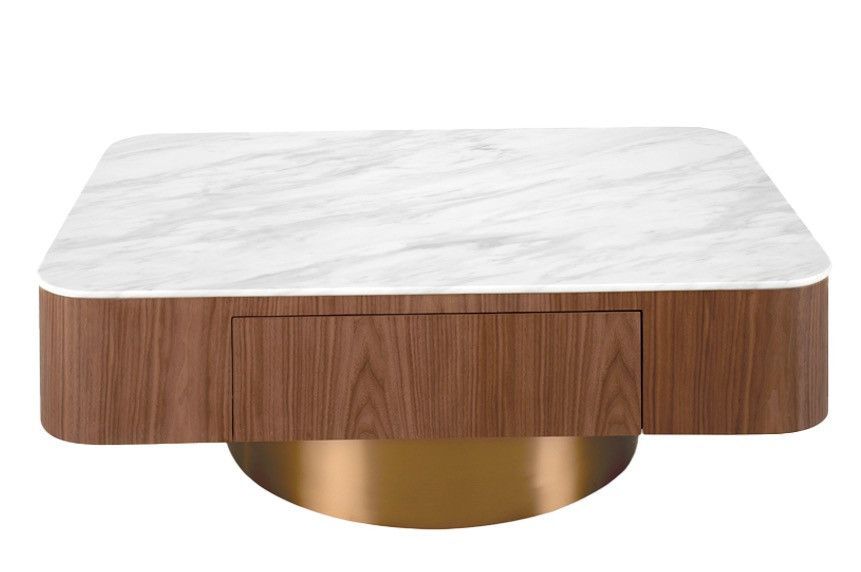 Table basse bois noyer et plateau porcelaine avec tiroir et pied acier bronze - Photo n°1