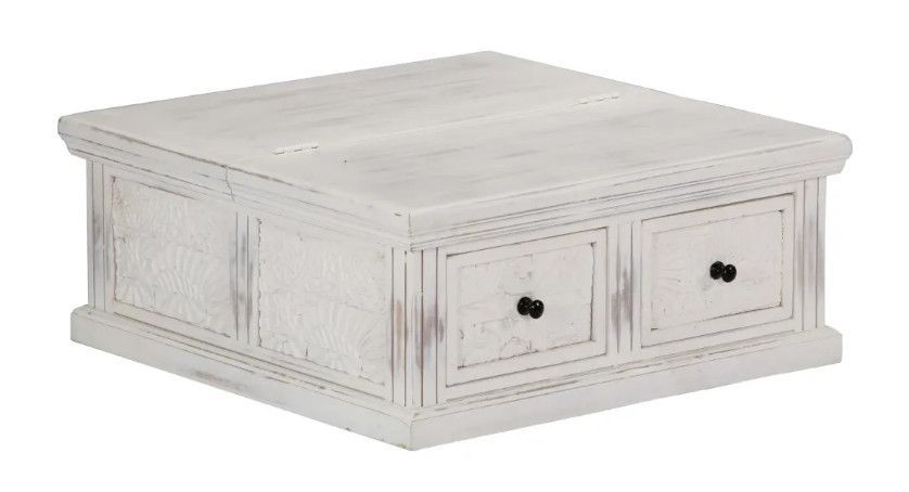Table basse carrée 2 tiroirs manguier massif blanc Vek - Photo n°1