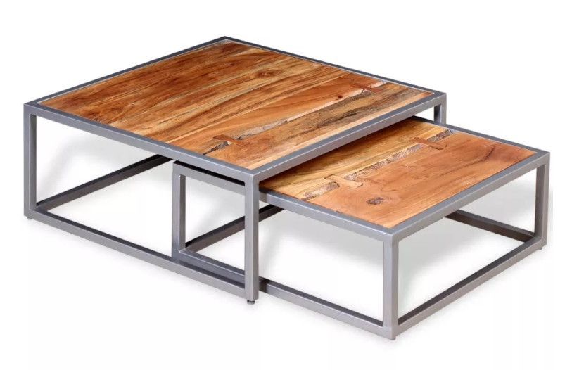 Table basse carrée acacia massif clair et métal gris Babola- Lot de 2 - Photo n°1