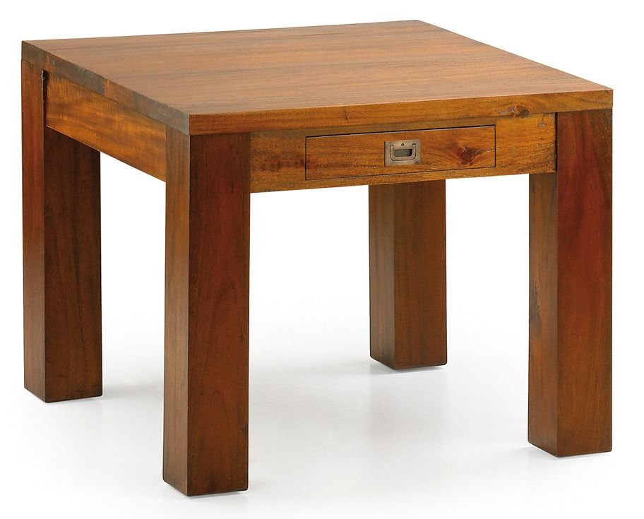 Table basse carrée coloniale en bois d'acajou massif 1 tiroir Falkane 60 cm - Photo n°1