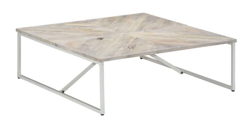 Table basse carrée manguier massif clair brossé et métal blanc Pili - Photo n°1
