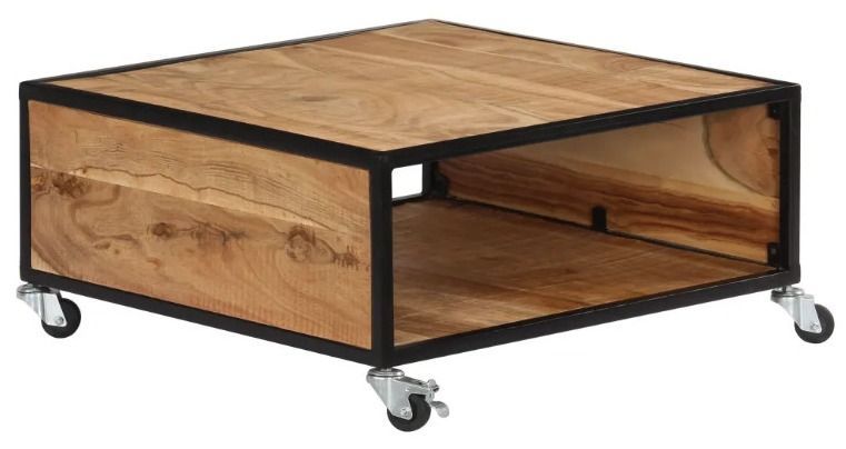 Table basse carrée sur roulettes acacia massif clair Amanda 70 cm - Photo n°1