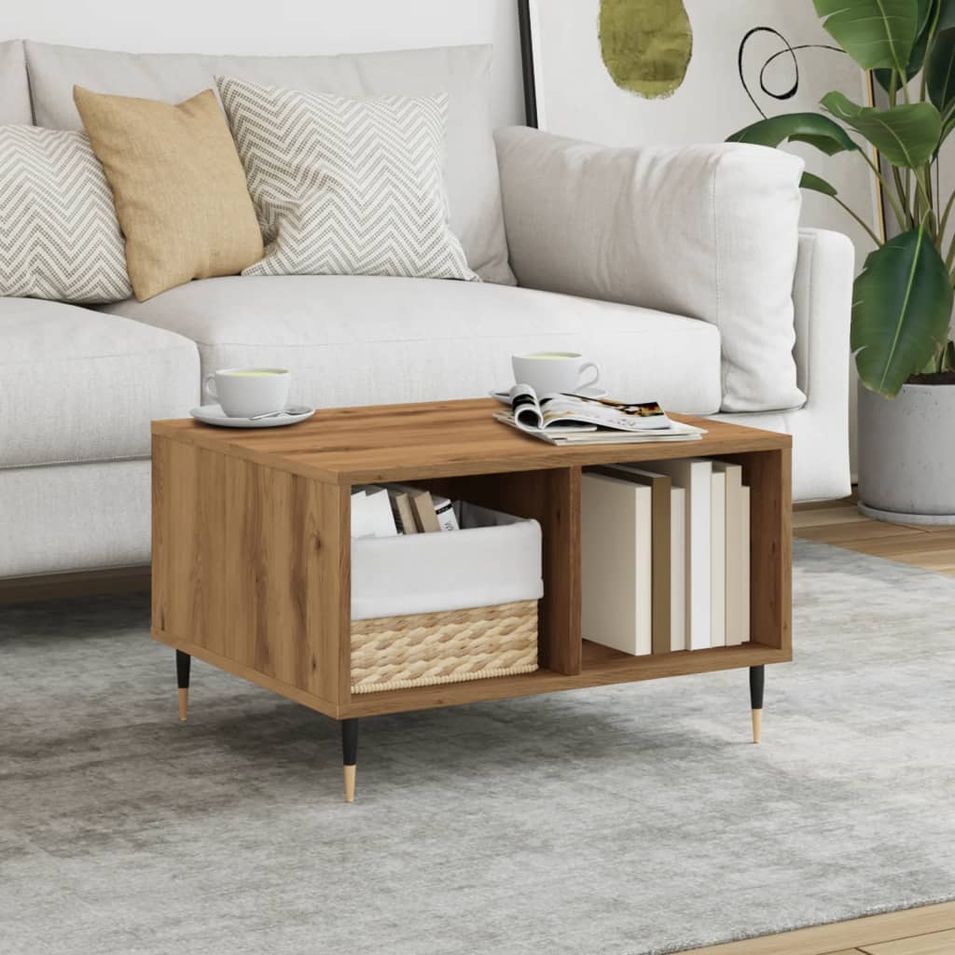 Table basse chêne artisanal 60x50x36,5 cm bois d'ingénierie - Photo n°1