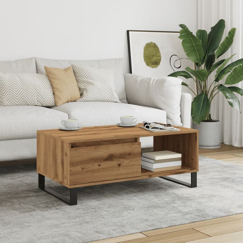 Table basse chêne artisanal 90x50x36,5 cm bois d'ingénierie - Photo n°1