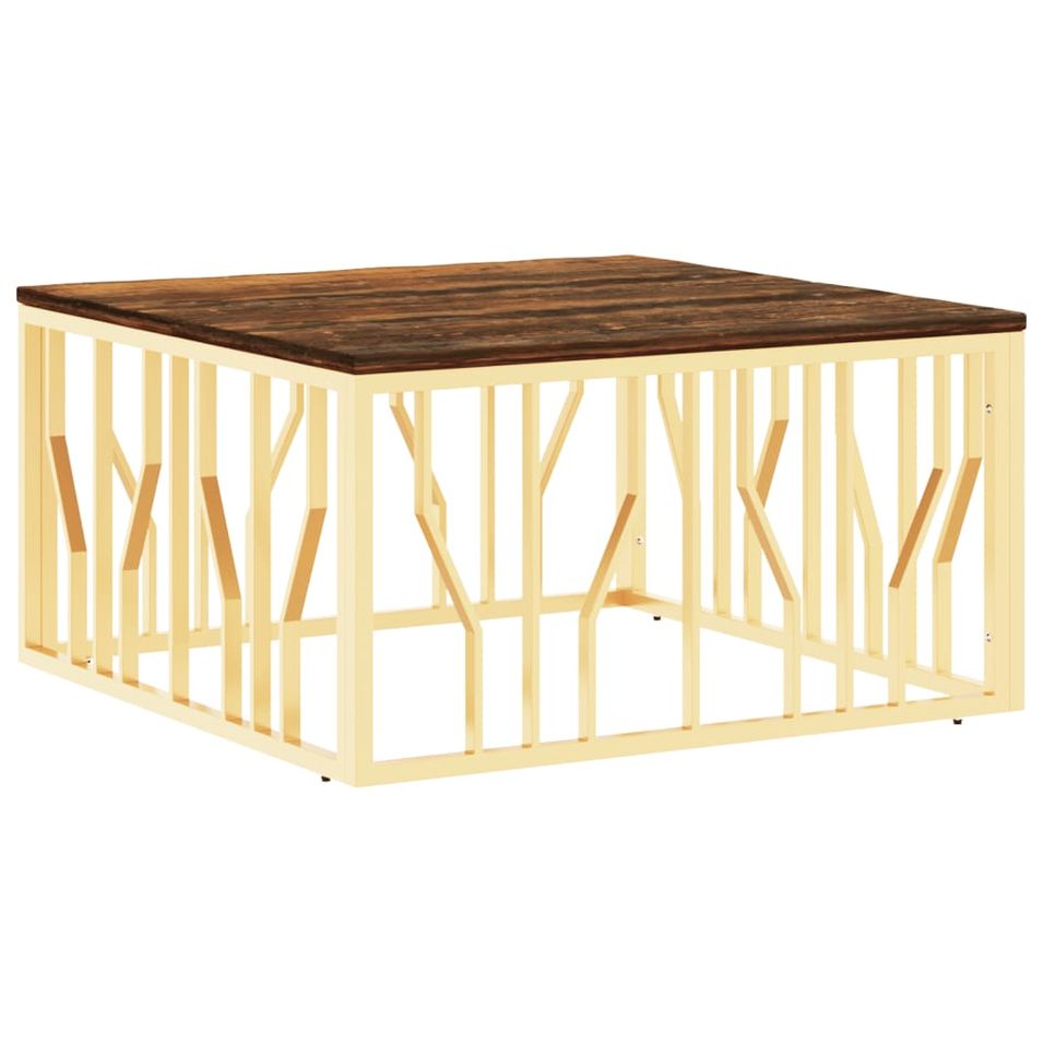 Table basse doré acier inoxydable et bois massif récupération - Photo n°1