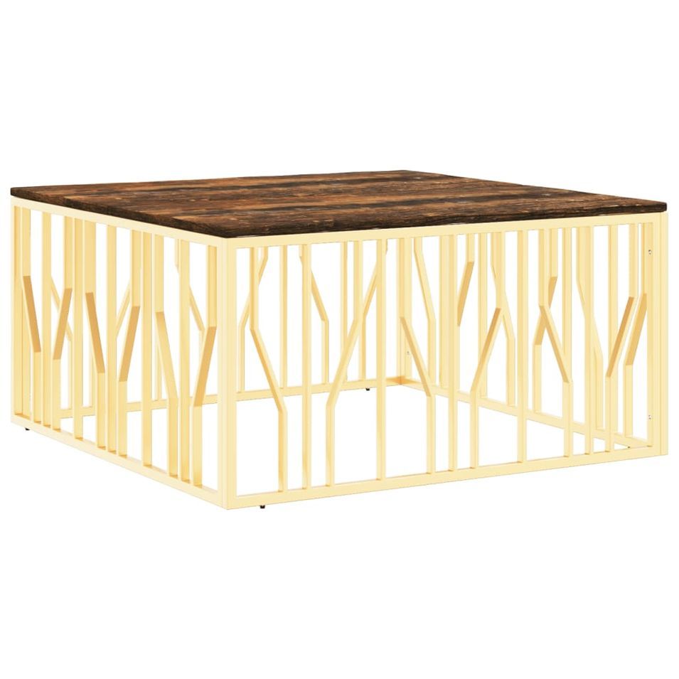 Table basse doré acier inoxydable et bois massif récupération - Photo n°1