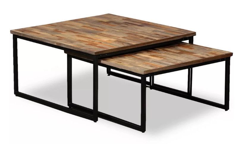 Table basse gigogne teck massif recyclé et métal noir Voust - Lot de 2 - Photo n°1