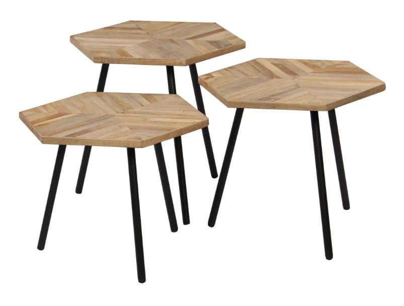 Table basse hexagonale teck massif recyclé et pieds métal noir Voust - Lot de 3 - Photo n°1
