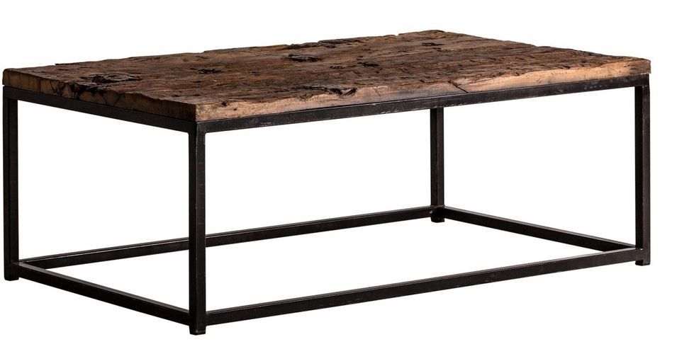 Table basse industrielle métal noir et plateau bois massif foncé vieilli Duna - Photo n°1