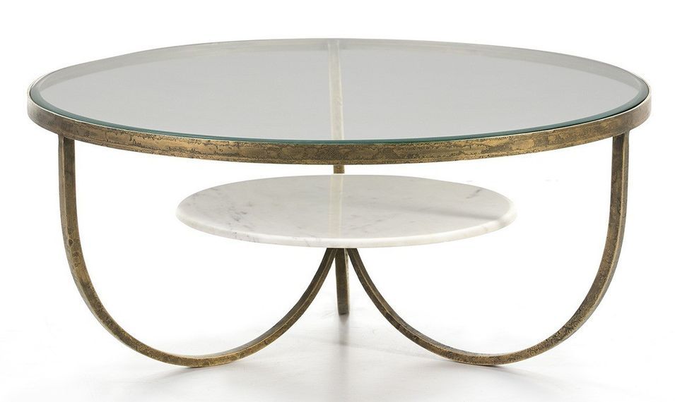 Table basse marbre blanc et verre pieds métal doré D 92 cm - Photo n°1
