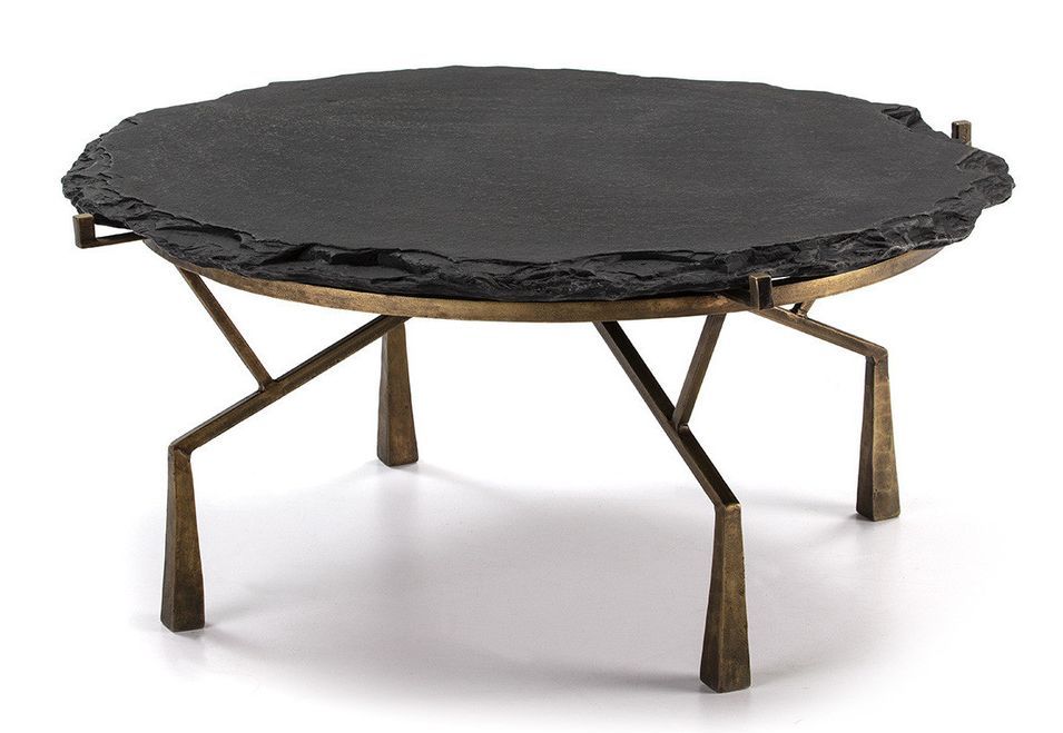 Table basse pierre noire et pieds métal doré vieilli D 95 cm - Photo n°1