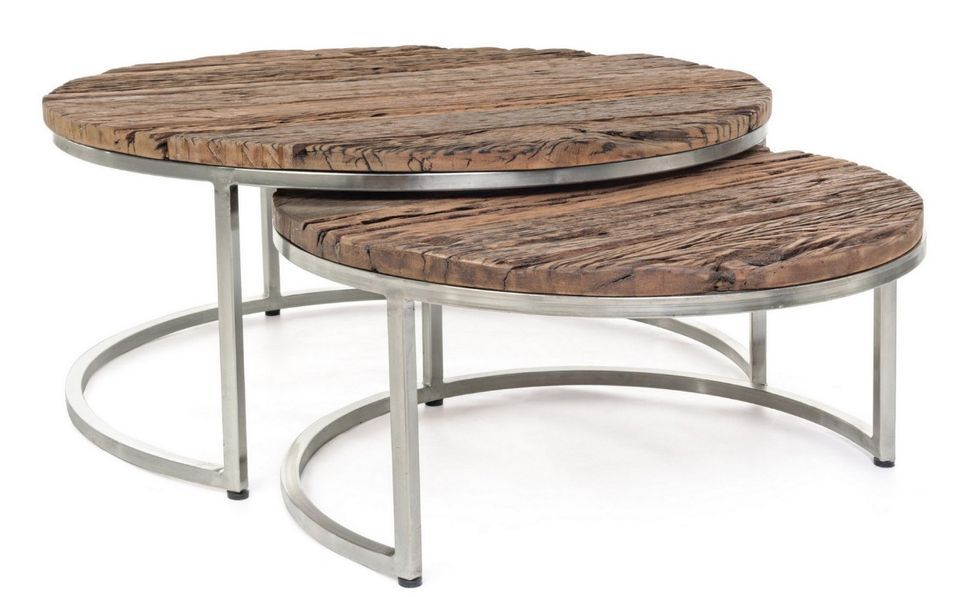 Table basse plateau bois massif recyclé sur pieds acier nickel Likano - Lot de 2 - Photo n°1