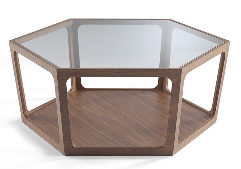 Table basse plateau verre trempé basse et bois noyer Koza - Photo n°1